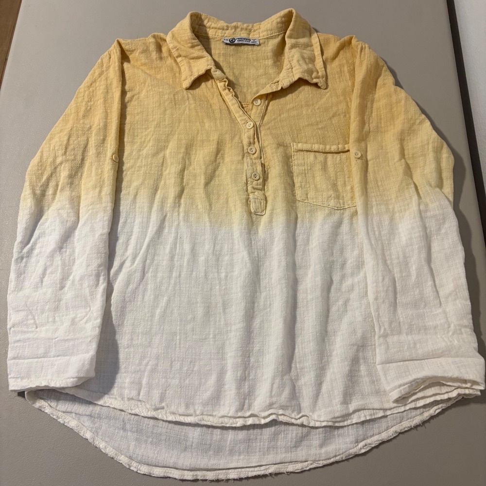 Rosidam Bohem Style Yellow White Ombre Henley Top Roll Tab Sleeve SM Beachy